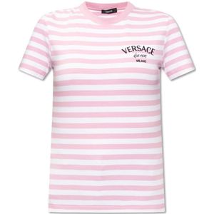 Versace, Gestreept T-shirt Roze, Dames, Maat:XS