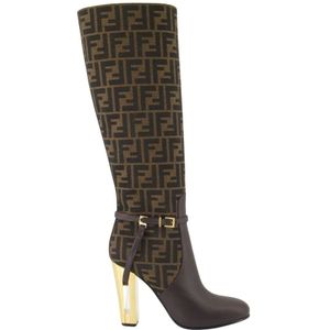 Fendi, Schoenen, Dames, Bruin, 37 1/2 EU, Hoge hak laarzen met FF Jacquard