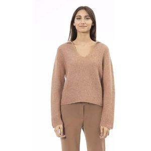 Alpha Studio, Beige Polyamide Trui, Lange Mouwen, Wijde V-hals Beige, Dames, Maat:L