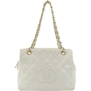 Chanel Vintage, Pre-owned, Dames, Wit, ONE Size, Tweed, Tweedehands Witte Leren Shopper