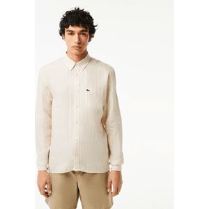 Lacoste, Overhemden, Heren, Beige, XL, Linnen, Gestreept Linnen Overhemd