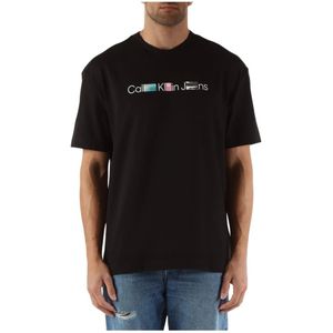 Calvin Klein Jeans, Tops, Heren, Zwart, XS, Katoen, T-shirt met reliëflogo van katoen