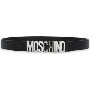 Moschino, Zwart Leren Riem met Zilveren Logo Zwart, Dames, Maat:M