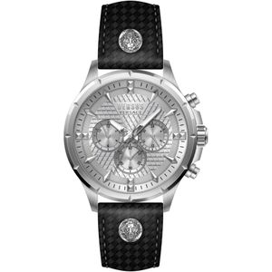Versus Versace, Chronograaf Leren Horloge Dornsluiting Roestvrij Staal Zwart, Heren, Maat:ONE Size