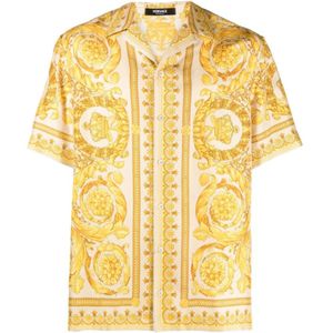 Versace, Overhemden, Heren, Beige, M, Barocco Print Zijden Shirt