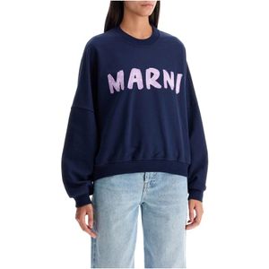 Marni, Sweatshirts & Hoodies, Dames, Blauw, S, Katoen, Logo Crewneck Sweatshirt met Brushstroke Effect