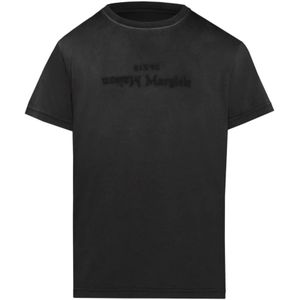 Maison Margiela, T-shirt met Distressed Finish en Logo Print Grijs, Heren, Maat:L