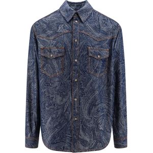 Etro, Iconische Print Katoen Linnen Shirt Blauw, Heren, Maat:L