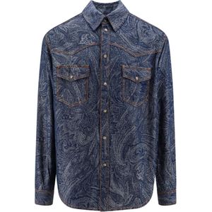 Etro, Overhemden, Heren, Blauw, XL, Katoen, Iconische Print Katoen Linnen Shirt