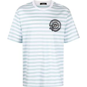Versace, Gestreept Jersey Stof T-Shirt met Geborduurd Nautisch Embleem Wit, Heren, Maat:XL