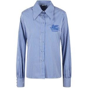Etro, Blouses & Shirts, Dames, Blauw, S, Katoen, Gestreept overhemd met geborduurde Pegaso
