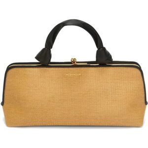 Jil Sander, Tassen, Dames, Bruin, ONE Size, Goji Kleine Bruine Raffia Handtas