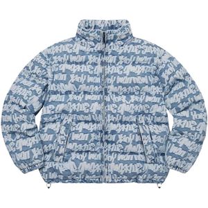 Supreme, Jassen, Heren, Blauw, S, Denim, Blauwe Jacquard Denim Puffer Jack Beperkte Oplage