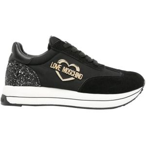 Love Moschino, Schoenen, Dames, Zwart, 41 EU, Leer, Zwarte Sneakers met Gouden Logo