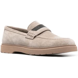 Brunello Cucinelli, Schoenen, Dames, Grijs, 39 EU, Suède, Grijze Suède Loafers met Kralen Detail