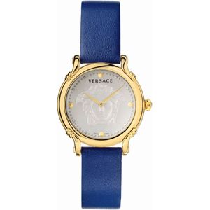 Versace, Safety Pin Gouden Horloge Blauw, Dames, Maat:ONE Size