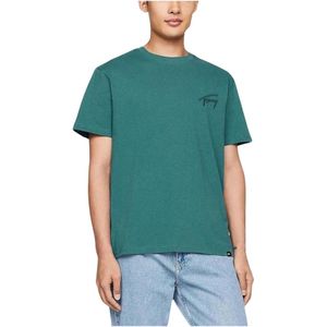 Tommy Jeans, Tops, Heren, Groen, L, Katoen, Signature Katoenen T-Shirt Lente/Zomer Collectie