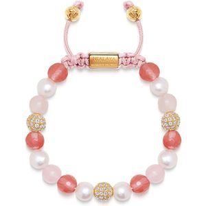 Nialaya, Accessoires, Dames, Geel, S, Nylon, Women's Beaded Bracelet with Pearl, Rose Quartz, Cherry Quartz and Gold