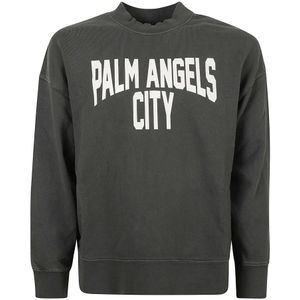 Palm Angels, Sweatshirts & Hoodies, Heren, Grijs, S, Katoen, City Washed Crew Dark Grey Sweater