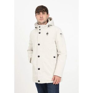 Blauer, Jassen, Heren, Beige, S, Polyester, Lange Neopreen Parka met Afneembare Capuchon