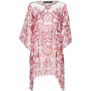 Dolce & Gabbana, Blouses & Shirts, Dames, Roze, S, Chiffon, Zijden chiffon jurk met Majolica-print