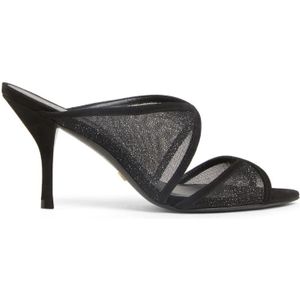 Stuart Weitzman, Sparkle Mesh Hakken Muiltjes Zwart, Dames, Maat:38 EU