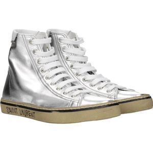 Saint Laurent, Schoenen, Dames, Grijs, 36 EU, Leer, Metallic High Top Sneakers