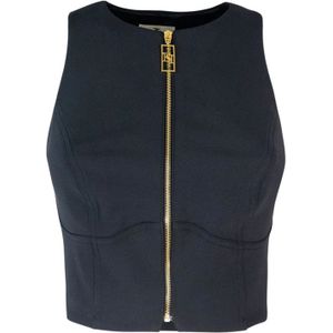 Elisabetta Franchi, Jassen, Dames, Zwart, S, Polyester, Zwarte Slim Fit Top met Monogram Voering