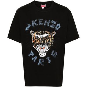 Kenzo, Tops, Heren, Zwart, M, Katoen, Zwart Tiger Logo Oversize T-shirt