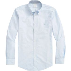 Brooks Brothers, Overhemden, Heren, Blauw, S, Katoen, Milano Slim-fit niet-ijzeren sportshirt, Oxford stretch, knoop-down kraag