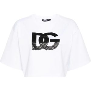 Dolce & Gabbana, Tops, Dames, Wit, M, Katoen, Logo Print Cropped T-Shirt