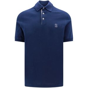 Brunello Cucinelli, Katoenen Polo Shirt met Logo Print Blauw, Heren, Maat:2XL