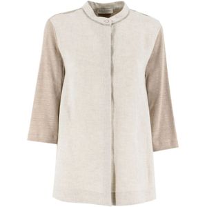 Le Tricot Perugia, Linnen blouse met glanzend borduurwerk Beige, Dames, Maat:S