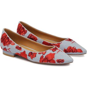 Kazar, Schoenen, Dames, Blauw, 38 EU, Denim, Platte denimstofpumps met bloemenpatroon