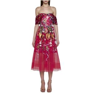 Marchesa, Kleedjes, Dames, Veelkleurig, 3Xl, Tule, Fuchsia Bloemen Off-Shoulder A-Lijn Jurk