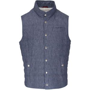 Brunello Cucinelli, Jassen, Dames, Blauw, L, Linnen, Lichtblauwe Gewatteerde Linnen Gilet