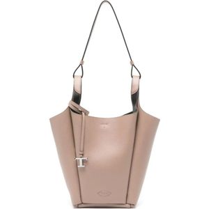 Tod's, Tassen, Dames, Beige, ONE Size, Leer, Beige Leren Bucket Tas met T Hanger