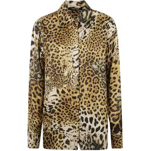 Roberto Cavalli, Zijden Overhemd met Luipaardprint Beige, Dames, Maat:L