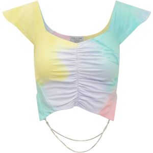 Collina Strada, Geknipte V-Hals Tie Dye T-Shirt met Rhinestone Tribal Patroon Veelkleurig, Dames, Maat:L