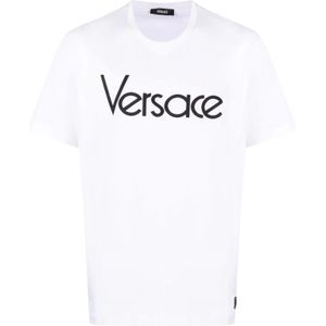 Versace, Witte Logo Geborduurde T-shirts en Polos Wit, Heren, Maat:XL