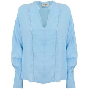 Roy Roger's, Blouses & Shirts, Dames, Blauw, M, Linnen, Blauwe Linnen Overhemd Lange Mouw V-hals