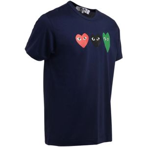 Comme des Garçons Play, Tops, Heren, Blauw, M, Katoen, Blauw Katoenen T-Shirt met Multicolor Harten