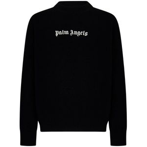 Palm Angels, Sweatshirts & Hoodies, Heren, Zwart, XL, Wol, Zwarte Geribbelde Trui met Logo Borduursel