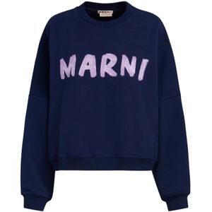 Marni, Sweatshirts & Hoodies, Dames, Blauw, S, Katoen, Blauw Brushstroke Logo Sweatshirt