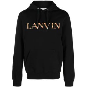 Lanvin, Zwarte katoenen trui met capuchon en geborduurd logo Zwart, Heren, Maat:S