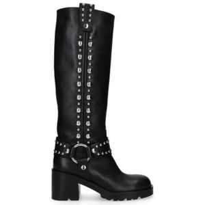 Strategia, Schoenen, Dames, Zwart, 38 EU, Leer, Zwarte Leren Hoge Laarzen met Studs