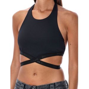 Palm Angels, Gekruiste Taille Rib Top - Stijlvolle Dameskleding Zwart, Dames, Maat:L