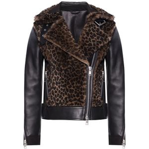 AllSaints, Elia Shearling Biker Leren Jas Zwart, Dames, Maat:M