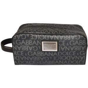 Dolce & Gabbana, Tassen, Heren, Zwart, ONE Size, Leer, Logo-Print Toilettas voor Stijlvolle Mannen