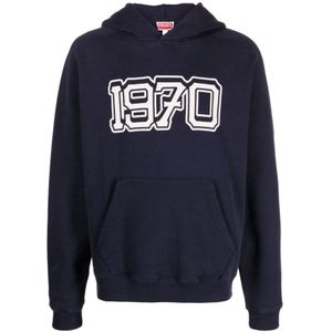 Kenzo, Sweatshirts & Hoodies, Heren, Blauw, S, Katoen, Frontaal Bedrukte Hoodie Sweatshirt met Maxi Zak